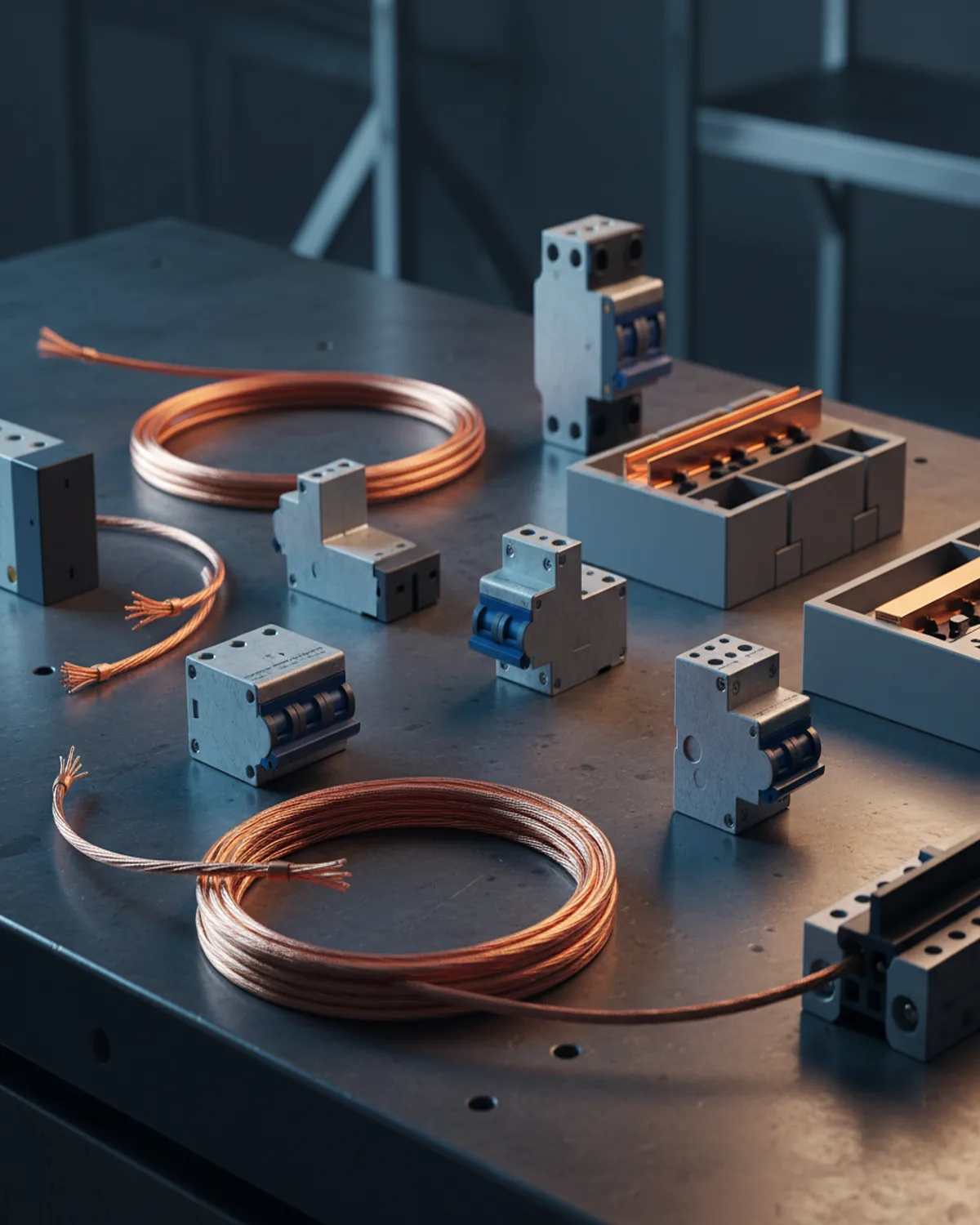 Copper electrical wiring and panel components on a workbench
